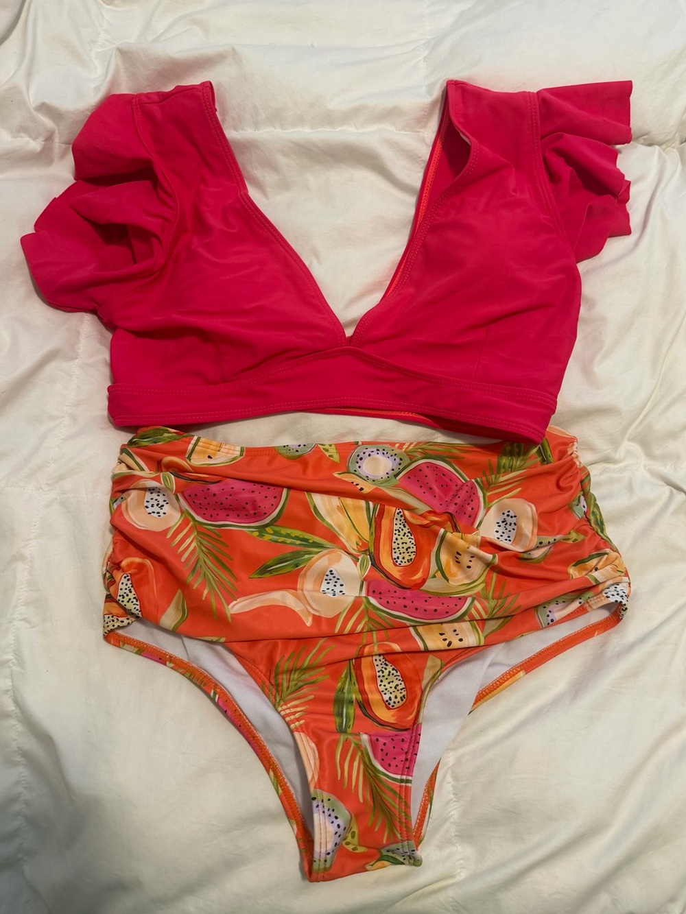 Hot Pink Ruffle Sleeve Bikini Top & Tropical Orange High-Waist Bottoms - L
